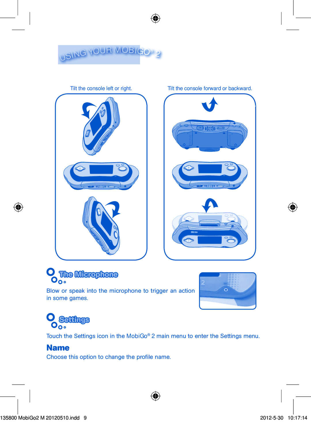 VTech M 20120510 user manual Microphone, Settings 