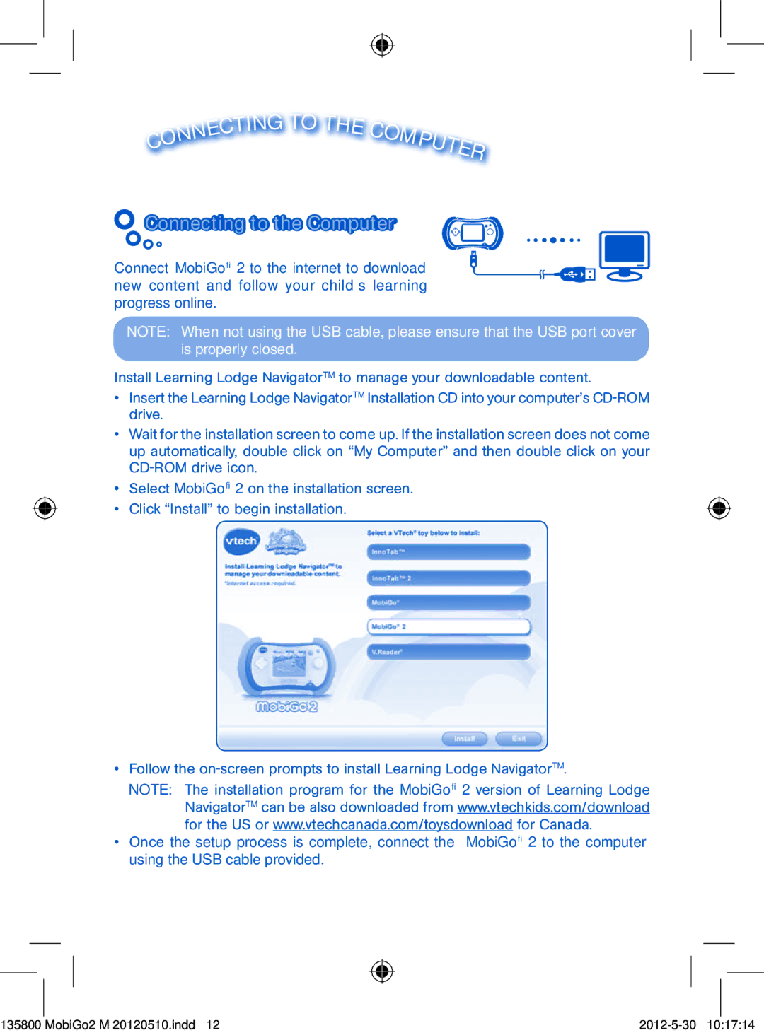 VTech M 20120510 user manual Tin, Connecting to the Computer 