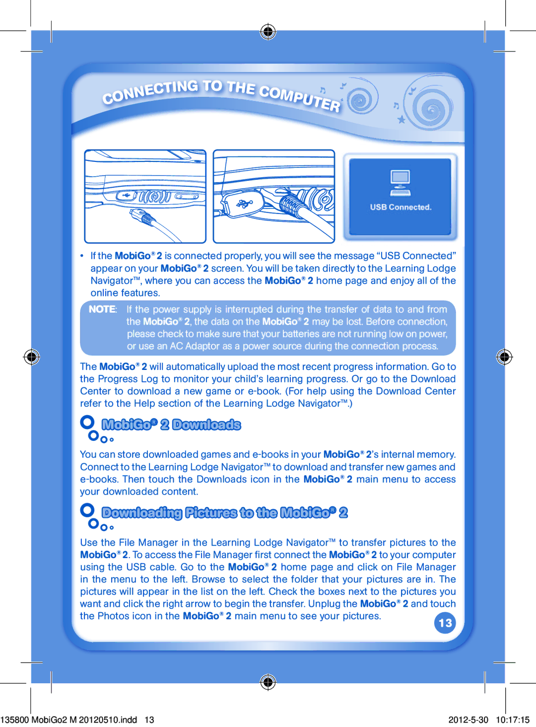 VTech M 20120510 user manual MobiGo 2 Downloads, Downloading Pictures to the MobiGo 