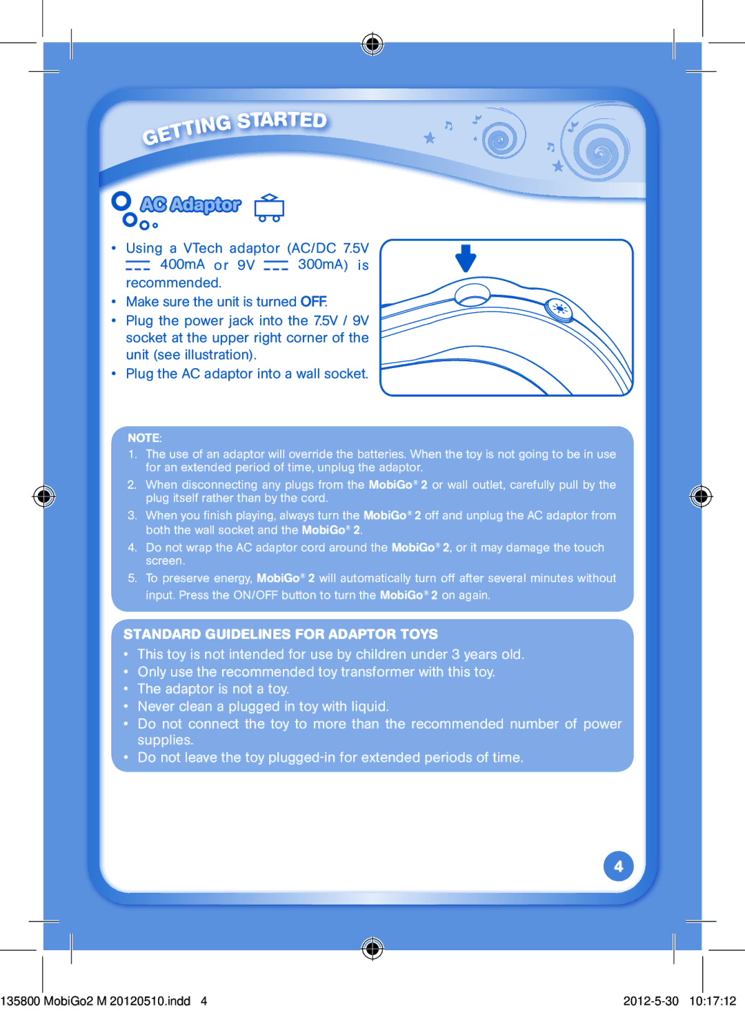 VTech M 20120510 user manual AC Adaptor, StANDARD GuIDEliNES FoR AdAPTOR Toys 