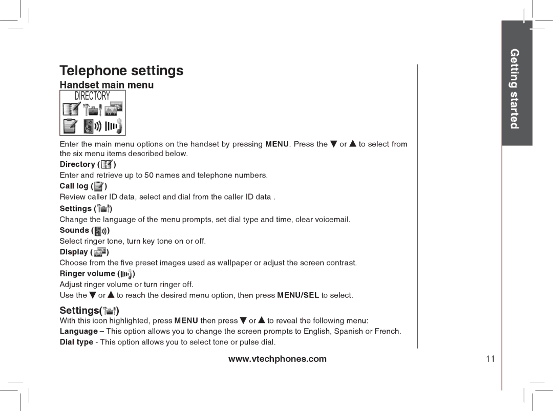 VTech MI6807 warranty Handset main menu, Settings 