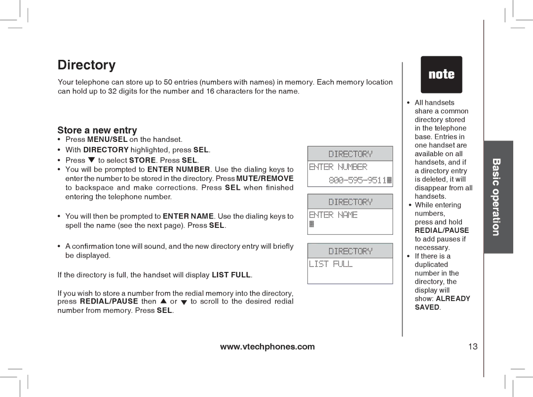 VTech MI6807 warranty Directory, Store a new entry 