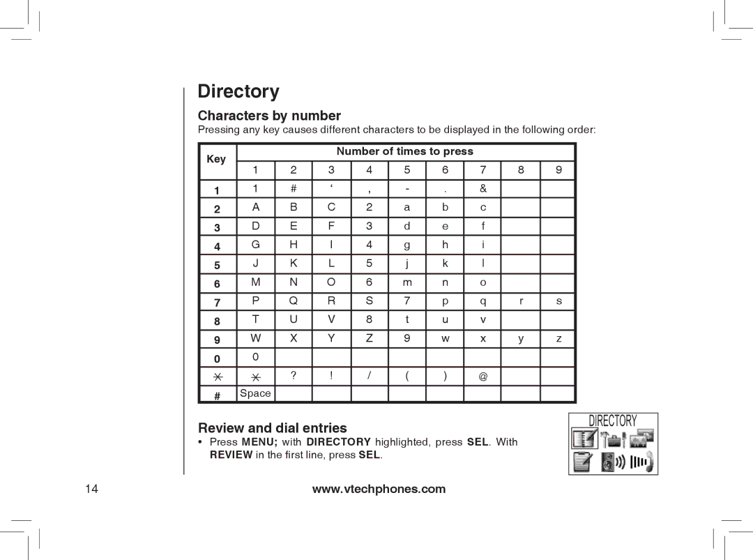 VTech MI6807 warranty Characters by number, Review and dial entries, Space 