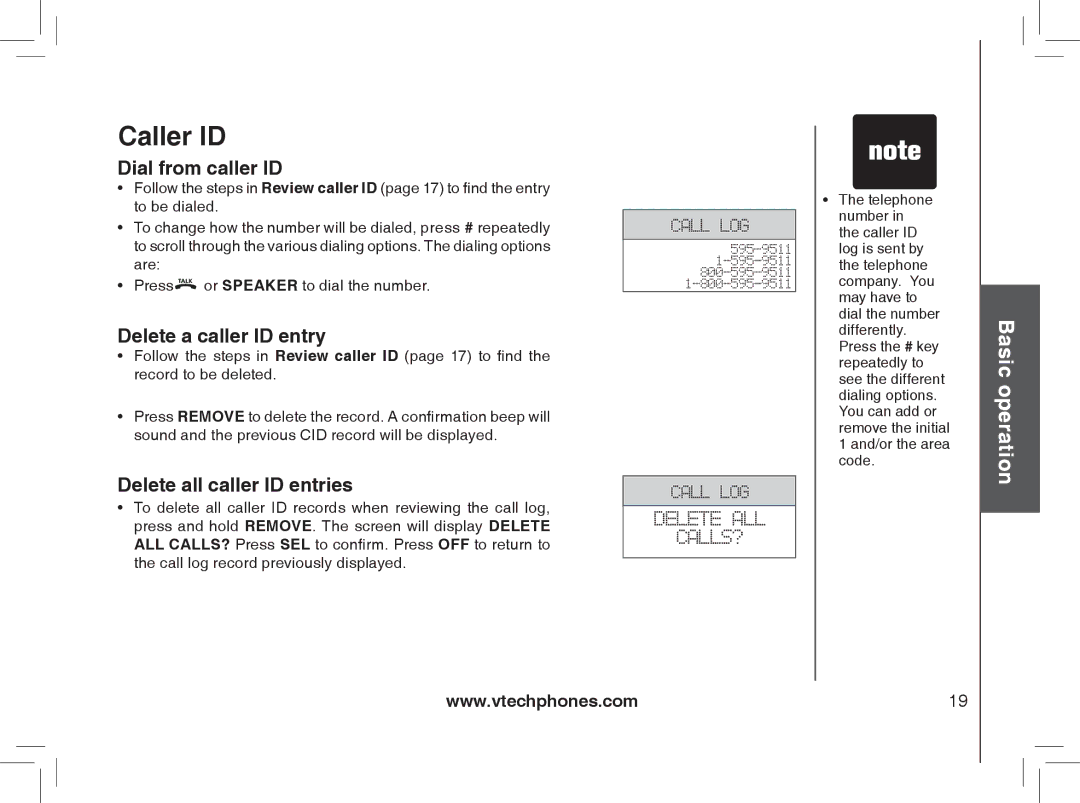 VTech MI6807 warranty Dial from caller ID, Delete a caller ID entry, Delete all caller ID entries 