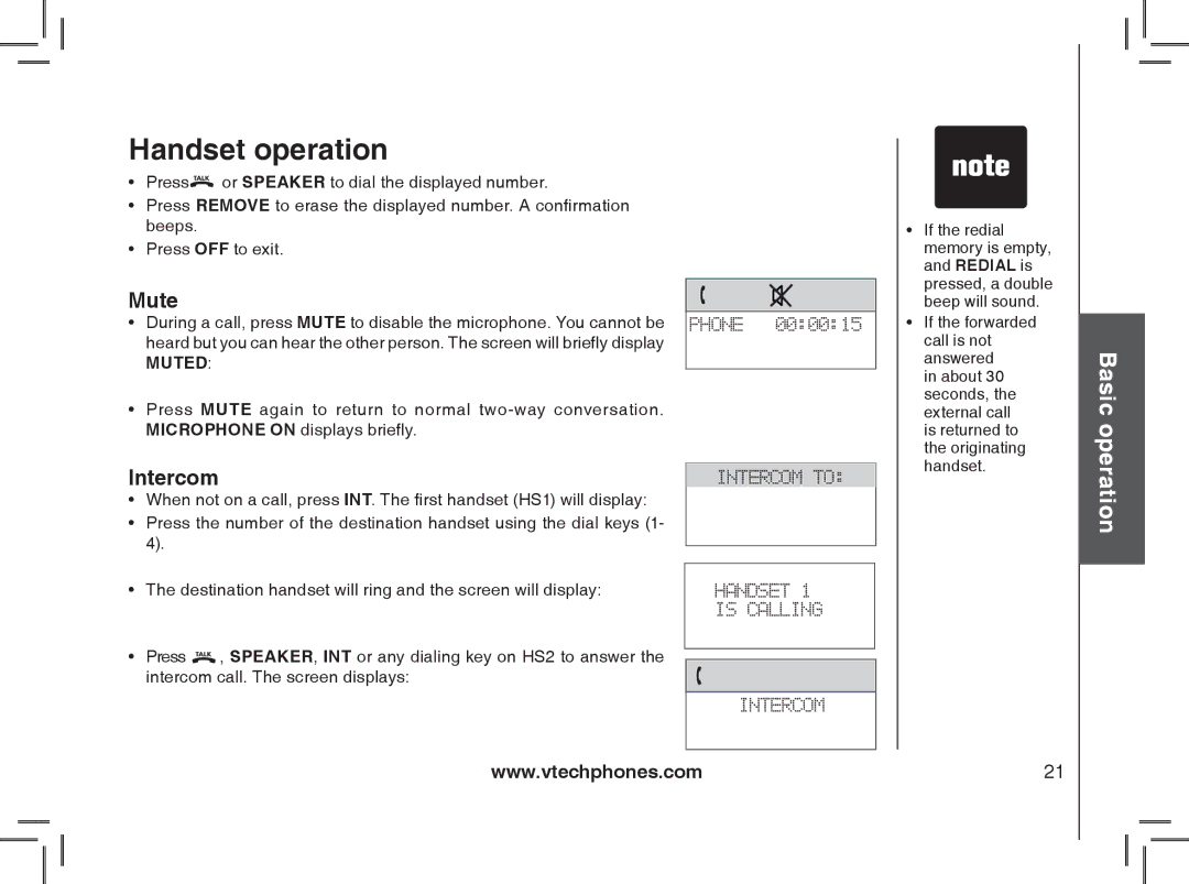 VTech MI6807 warranty Mute, Intercom 