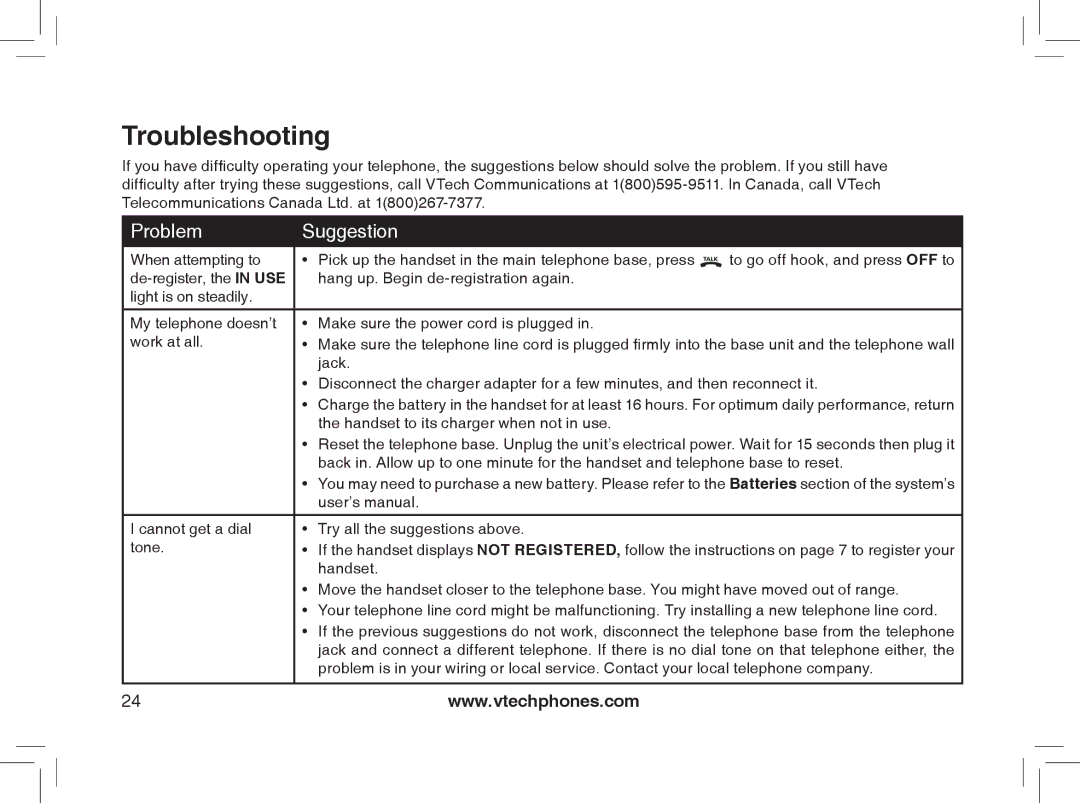 VTech MI6807 warranty Troubleshooting, Handset to its charger when not in use 