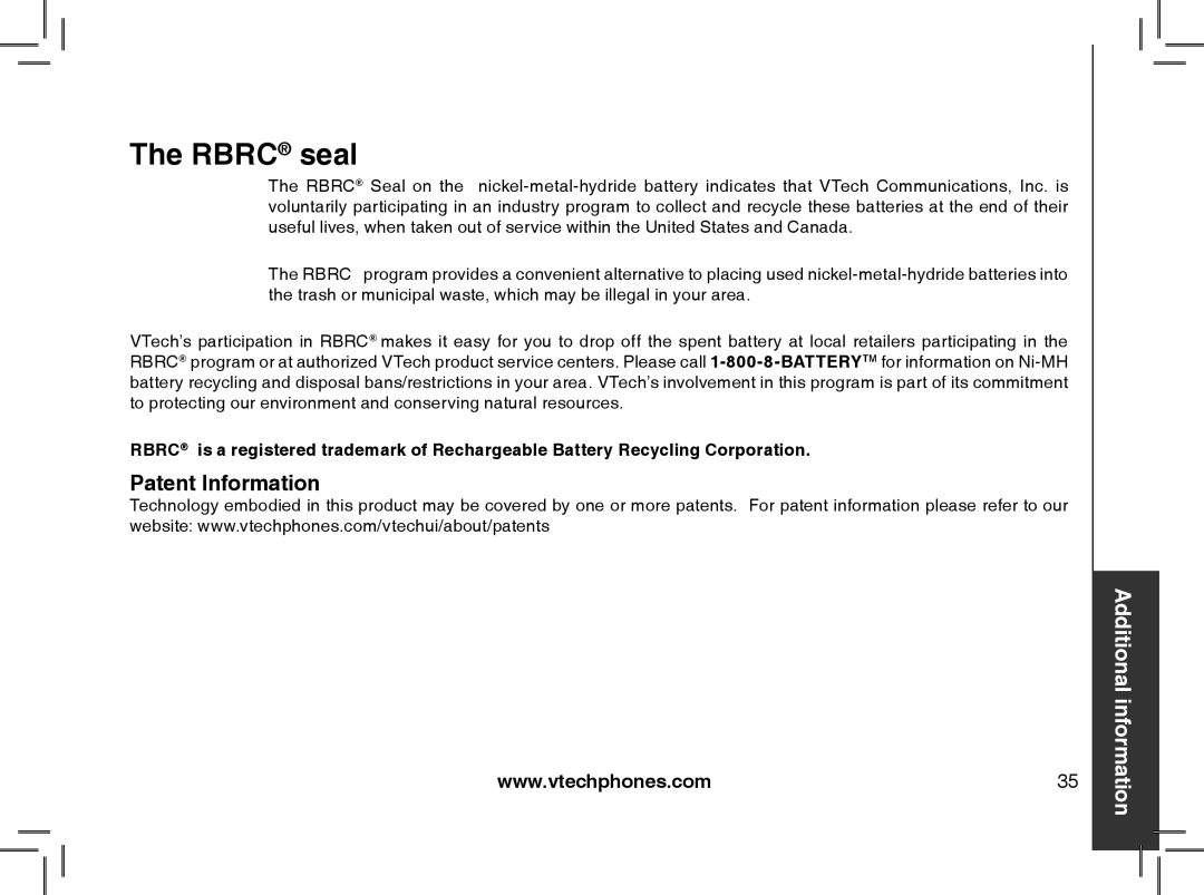 VTech MI6807 warranty Rbrc seal, Patent Information 