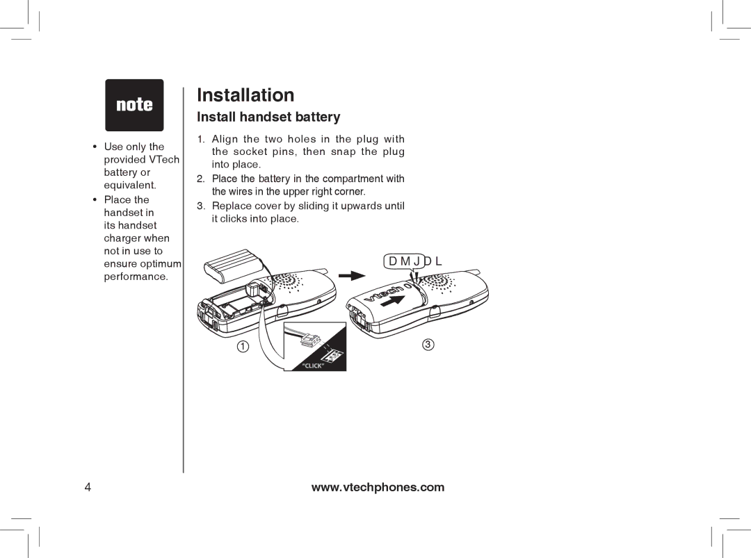 VTech MI6807 warranty Installation, Install handset battery 