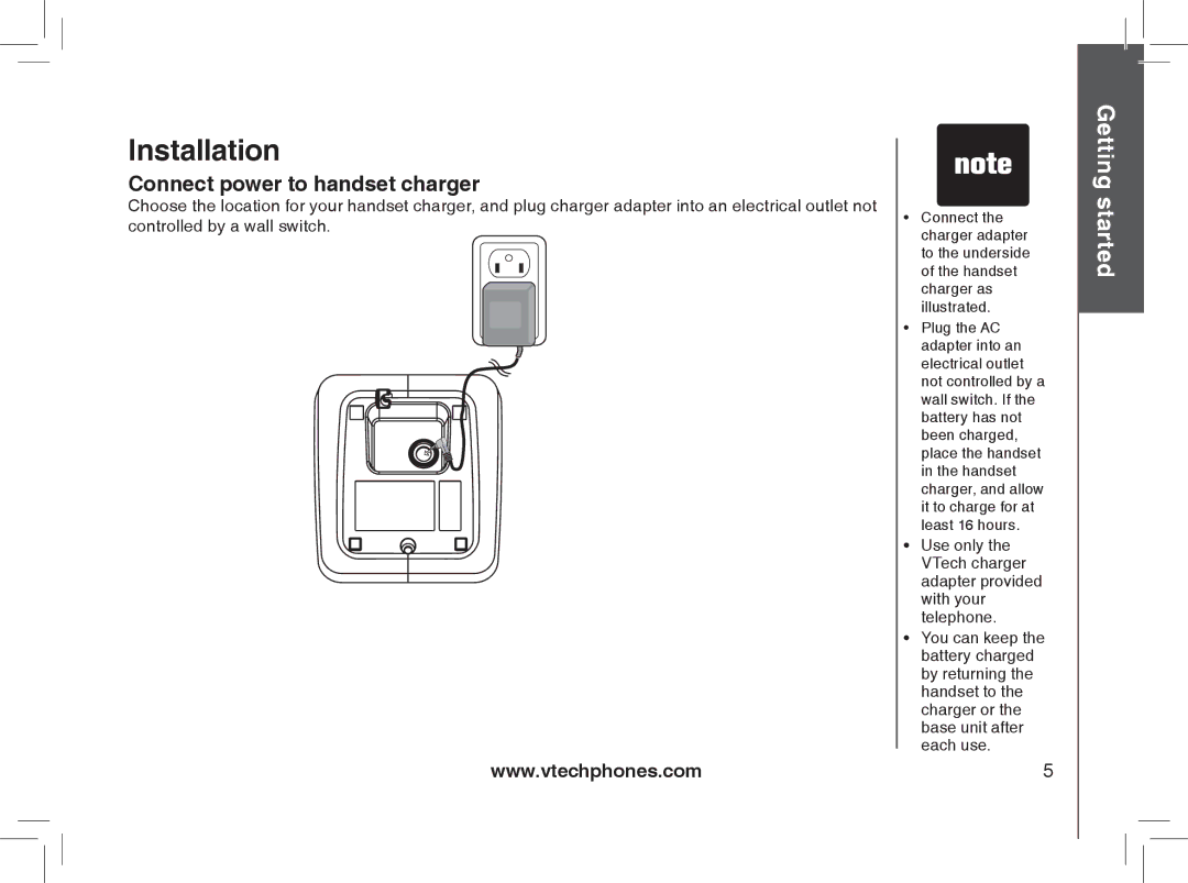 VTech MI6807 warranty Connect power to handset charger 