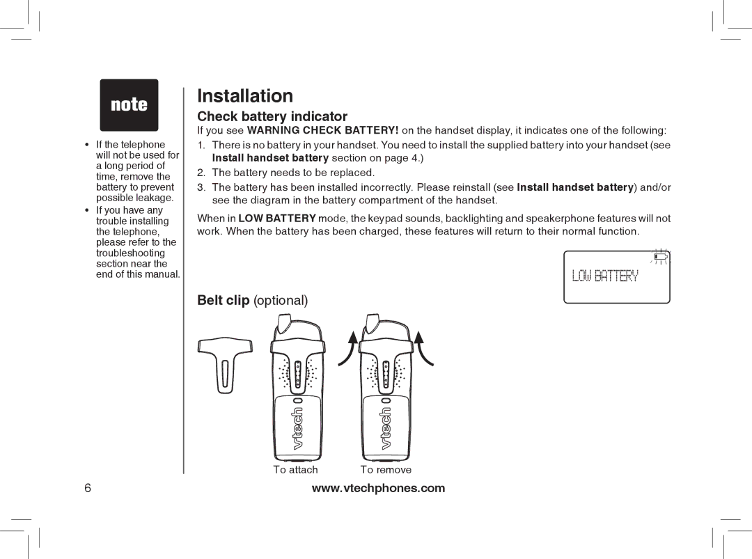 VTech MI6807 warranty Check battery indicator, Belt clip optional, To attach To remove 