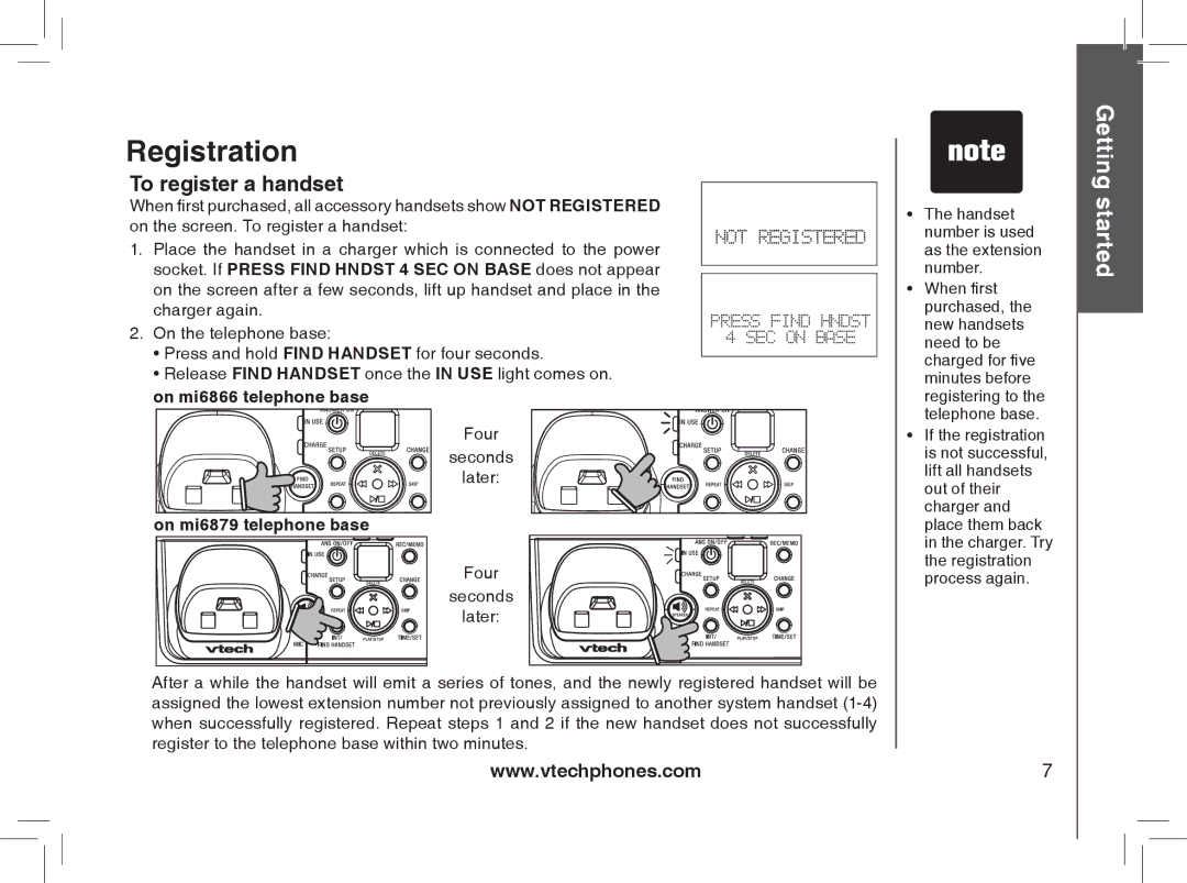 VTech MI6807 warranty Registration, To register a handset, On mi6866 telephone base, On mi6879 telephone base 