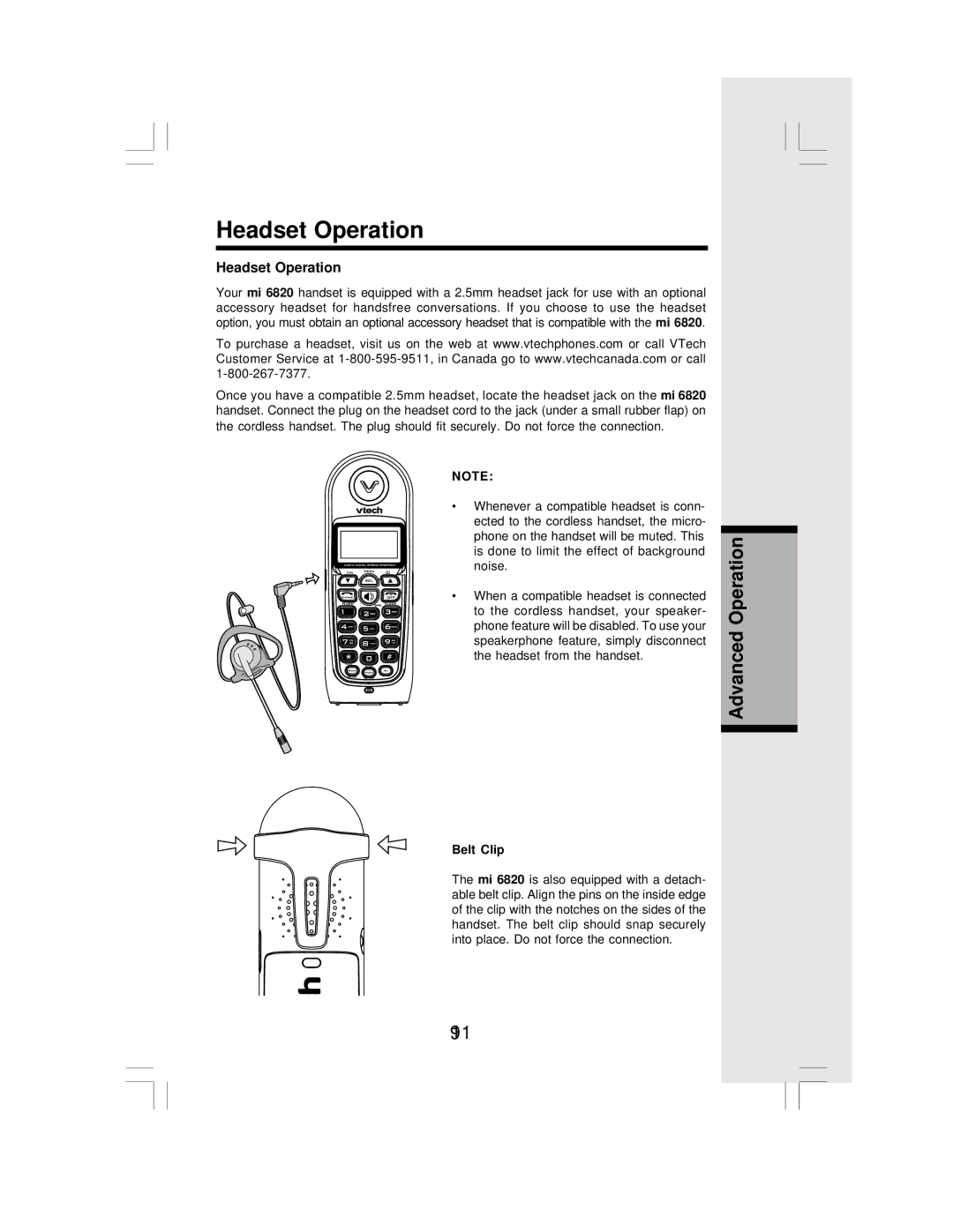 VTech MI6820 user manual Headset Operation, Belt Clip 