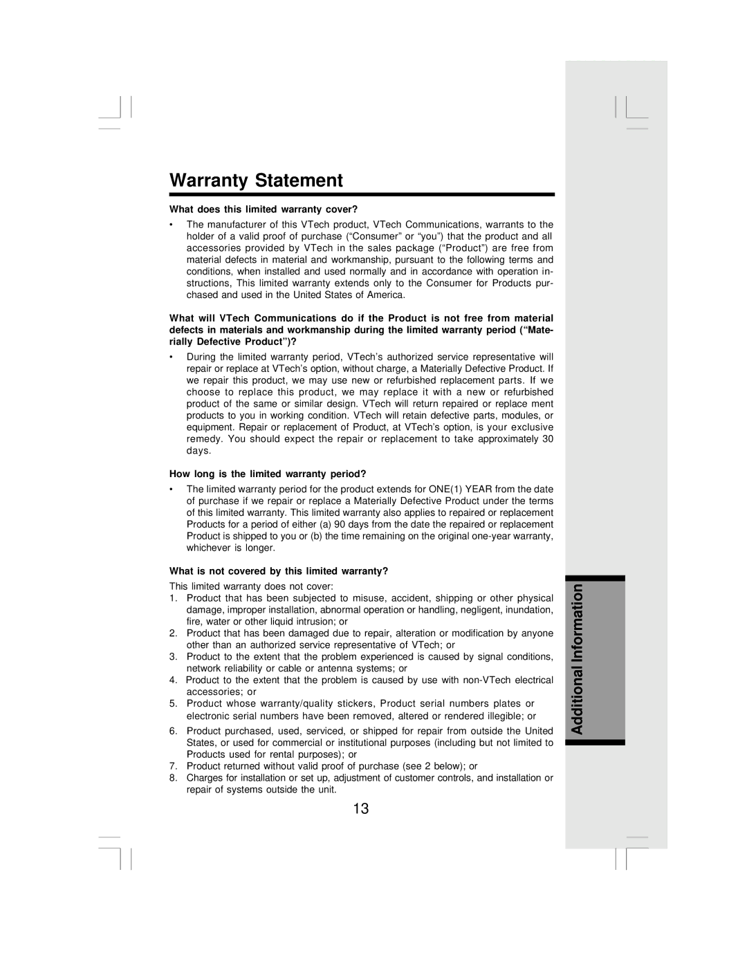 VTech MI6820 Warranty Statement, What does this limited warranty cover?, How long is the limited warranty period? 