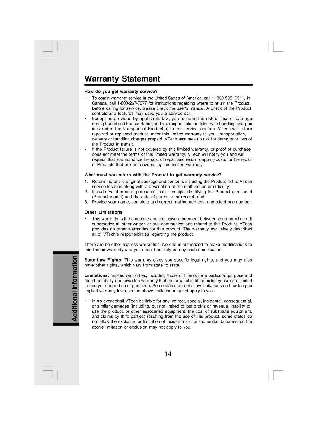 VTech MI6820 user manual How do you get warranty service?, Other Limitations 