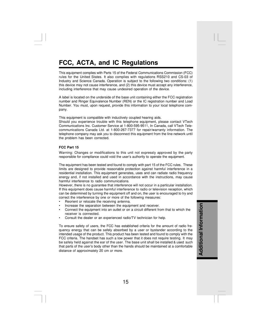 VTech MI6820 user manual FCC, ACTA, and IC Regulations, FCC Part 