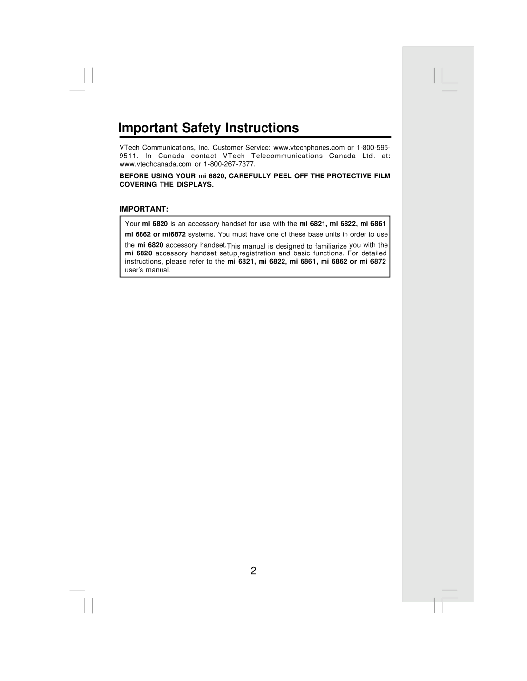 VTech MI6820 user manual Important Safety Instructions 