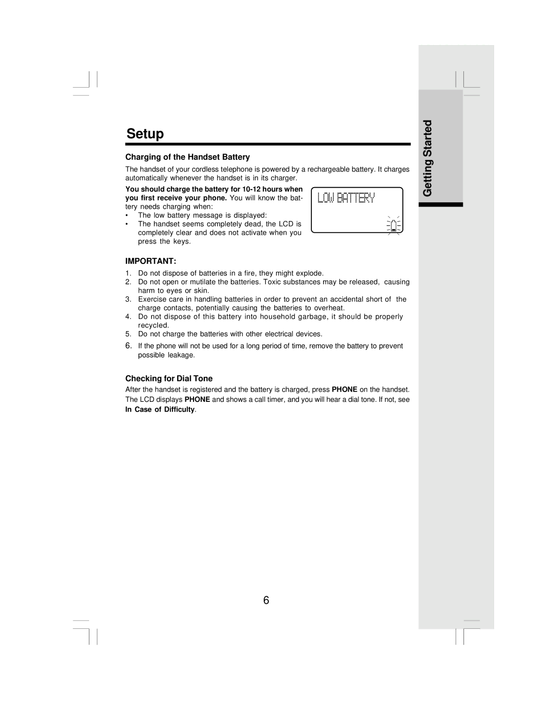 VTech MI6820 user manual Charging of the Handset Battery, Checking for Dial Tone 