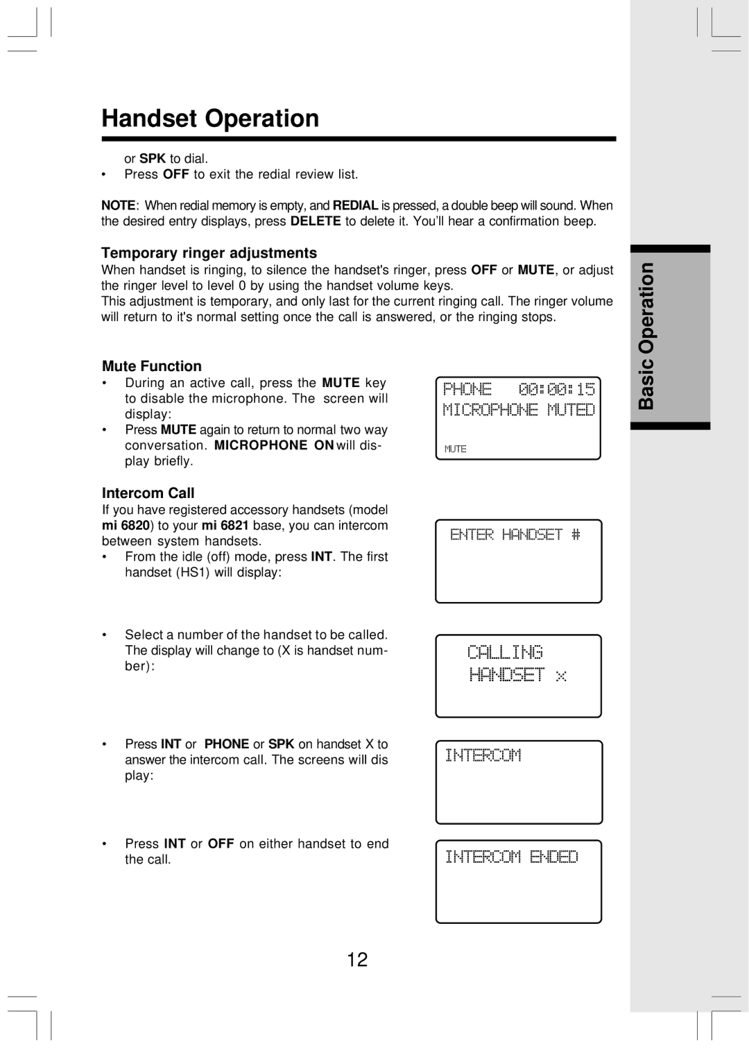 VTech Mi6821 user manual Temporary ringer adjustments, Mute Function, Intercom Call 