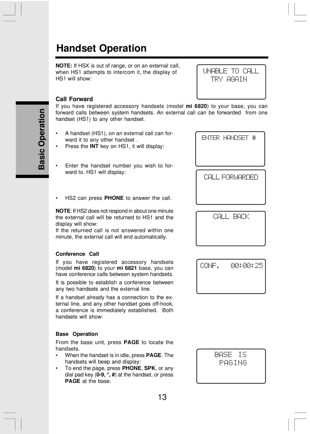 VTech Mi6821 user manual Call Forward, Conference Call, Base Operation 