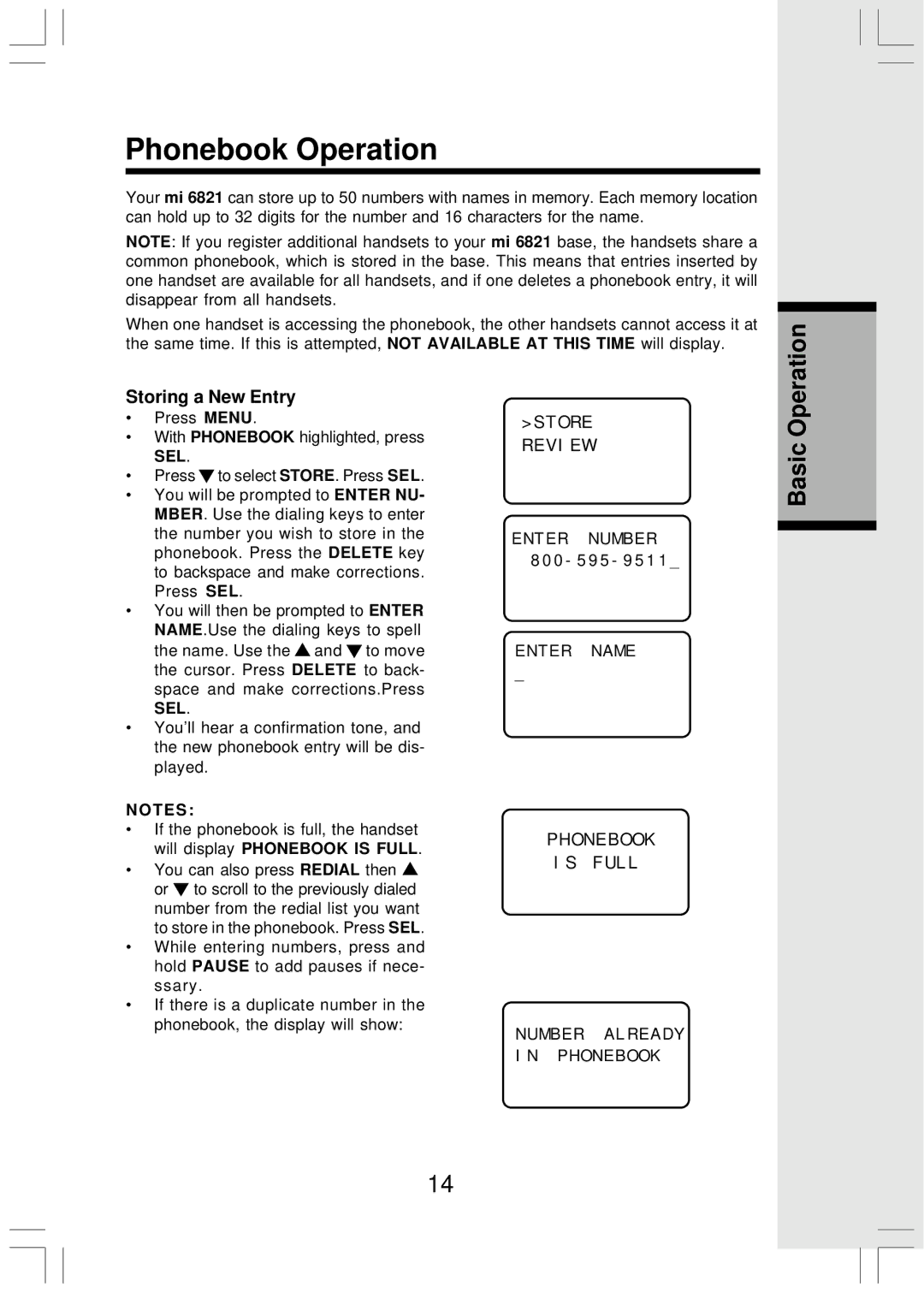 VTech Mi6821 user manual Phonebook Operation, Storing a New Entry 