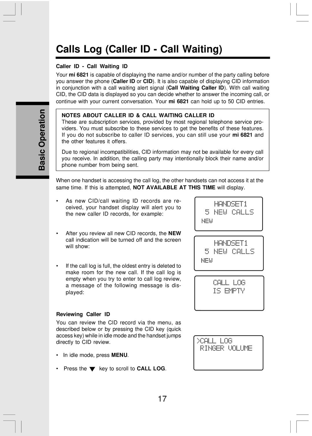 VTech Mi6821 user manual Calls Log Caller ID Call Waiting, Caller ID Call Waiting ID, Reviewing Caller ID 