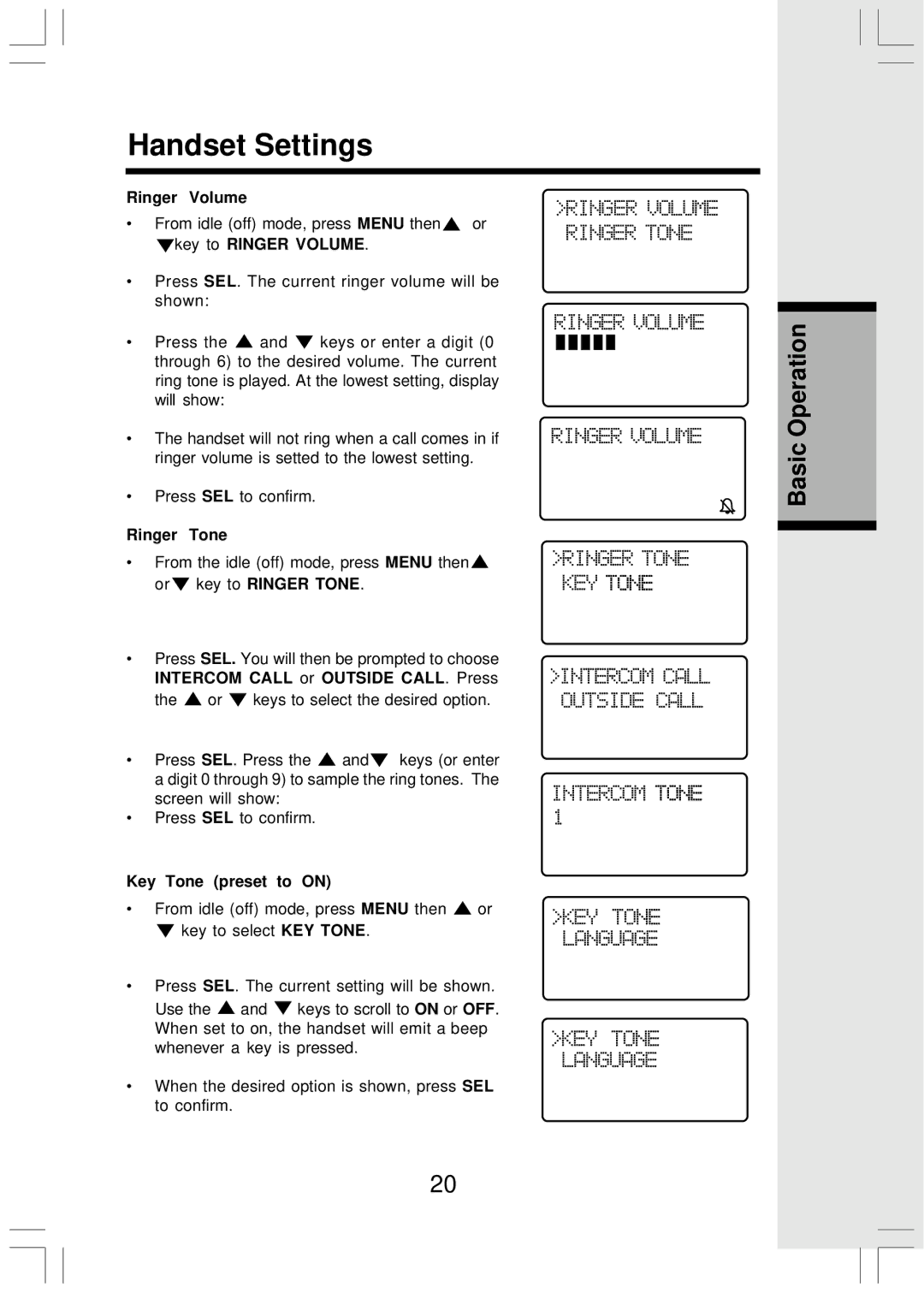 VTech Mi6821 user manual Handset Settings, Key to Ringer Volume, Ringer Tone, Key Tone preset to on 