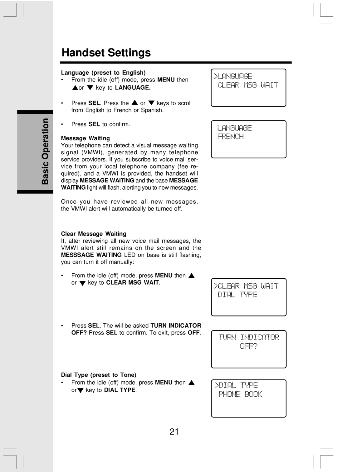 VTech Mi6821 user manual Language preset to English, Clear Message Waiting, Dial Type preset to Tone 