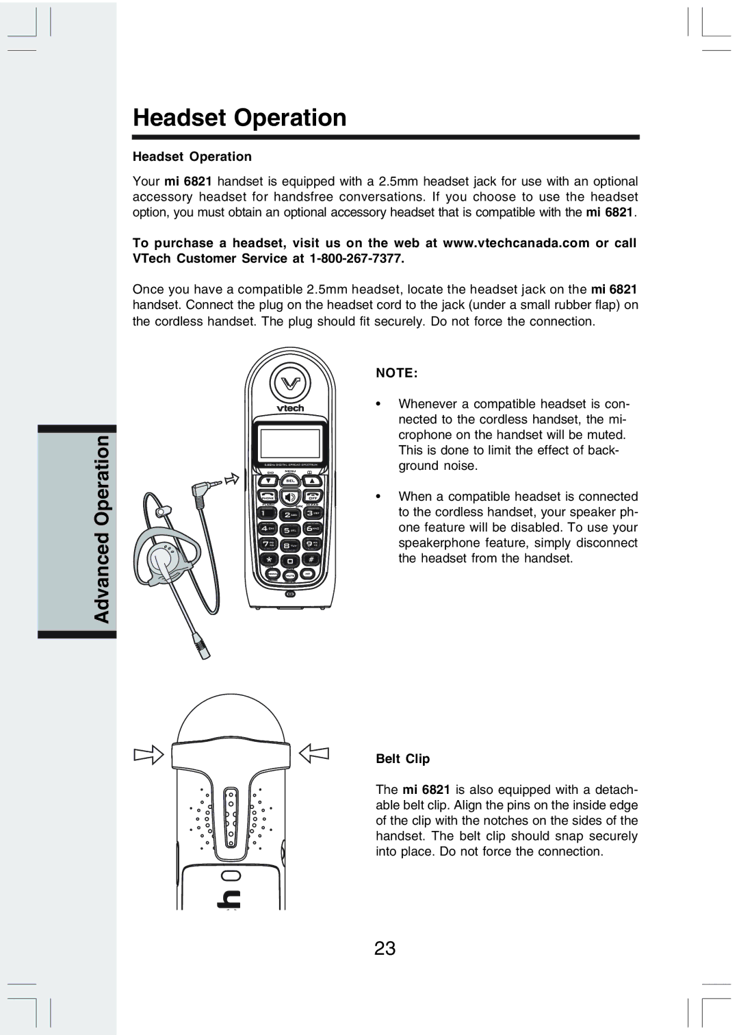 VTech Mi6821 user manual Headset Operation, Belt Clip 