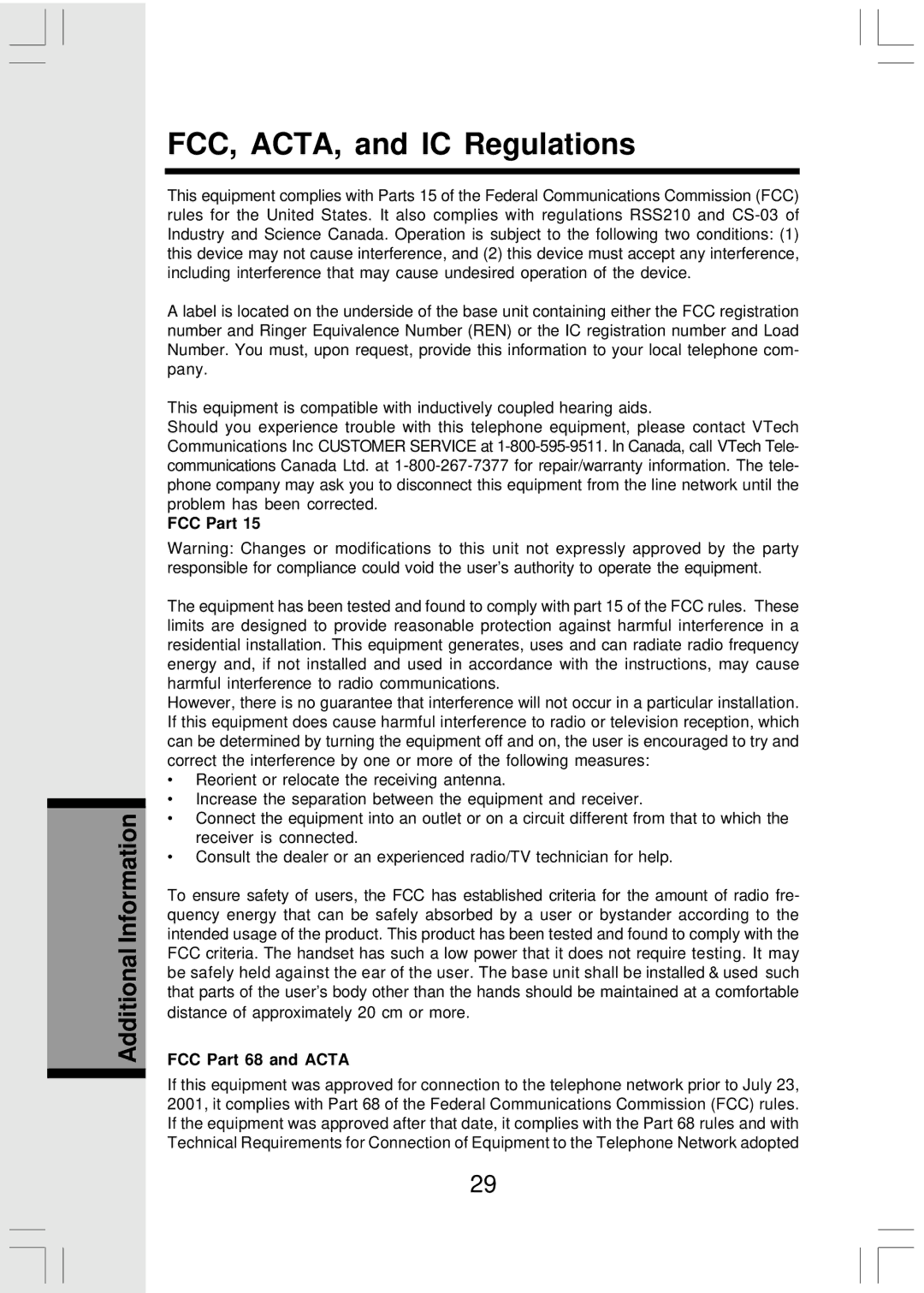 VTech Mi6821 user manual FCC, ACTA, and IC Regulations, FCC Part 68 and Acta 