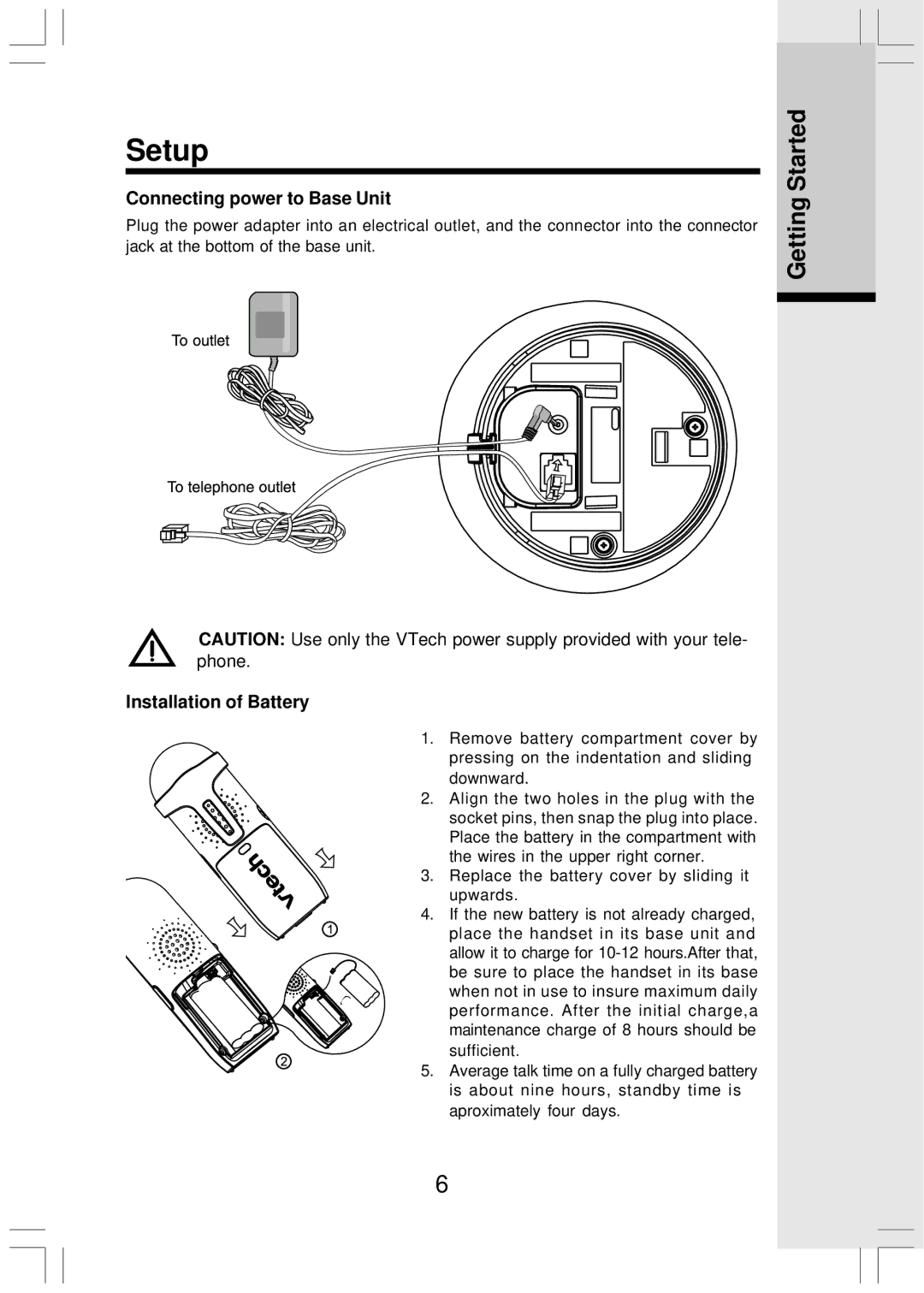 VTech Mi6821 user manual Setup, Connecting power to Base Unit, Installation of Battery 