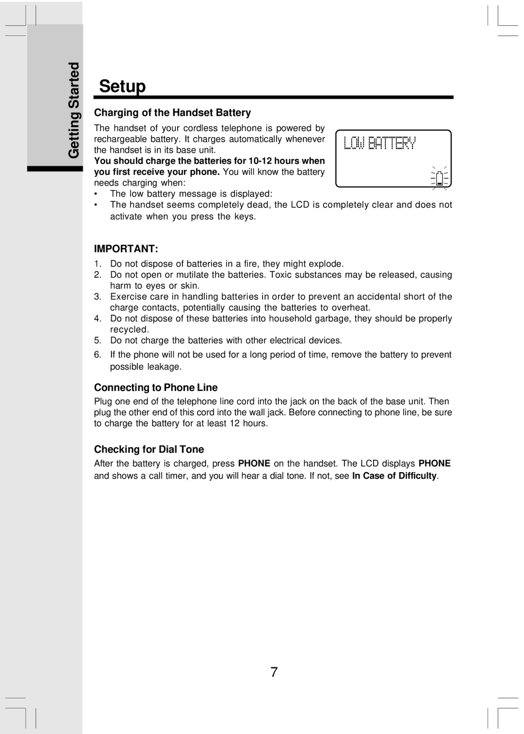 VTech Mi6821 user manual Charging of the Handset Battery, Connecting to Phone Line, Checking for Dial Tone 