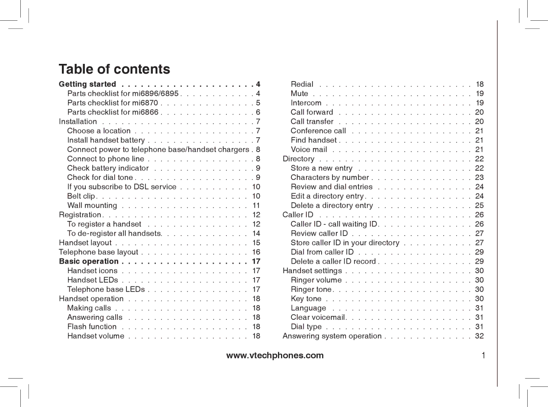 VTech MI6896, MI6866, mi6895, mi6870 manual Table of contents 