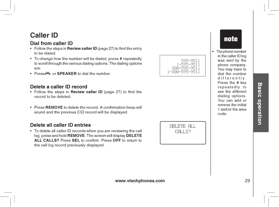 VTech MI6896, MI6866, mi6895, mi6870 manual Dial from caller ID, Delete a caller ID record, Delete all caller ID entries 