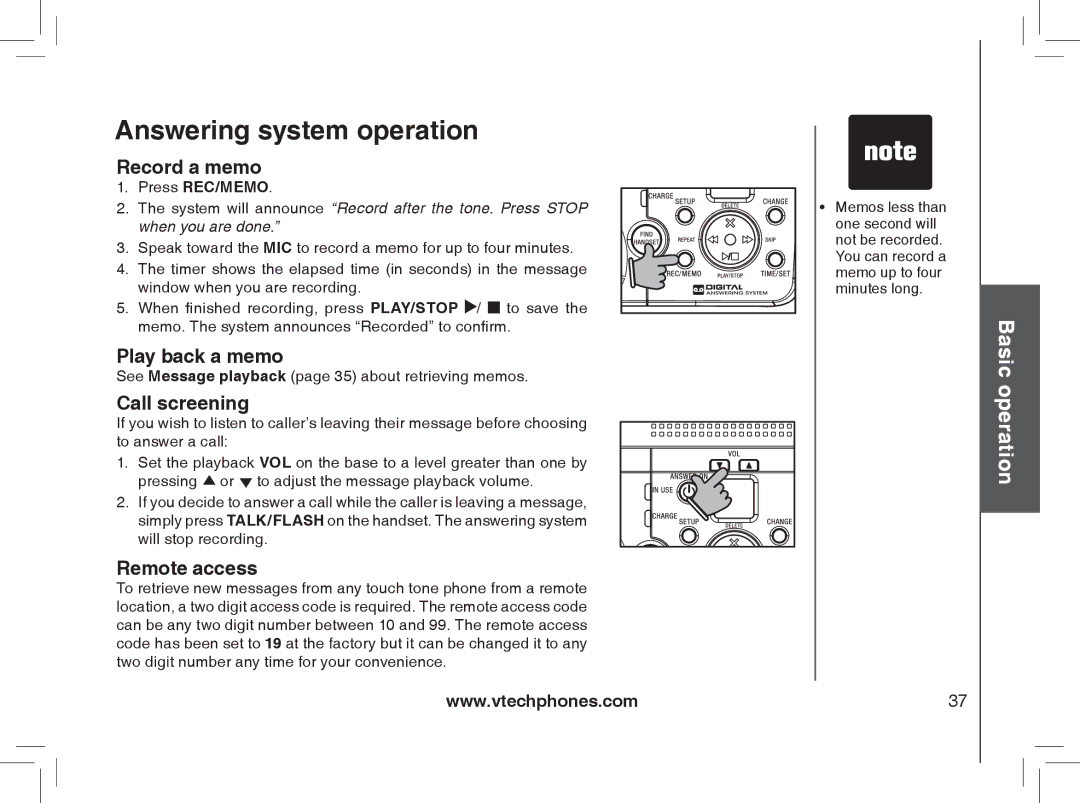 VTech MI6896, MI6866, mi6895, mi6870 manual Record a memo, Play back a memo, Call screening, Remote access 