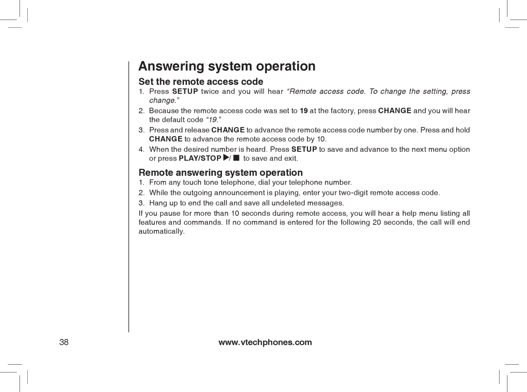 VTech mi6895, MI6866, MI6896, mi6870 manual Set the remote access code, Remote answering system operation 