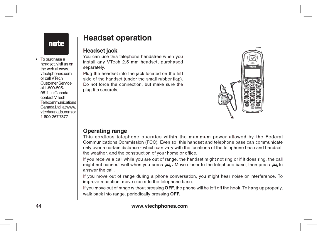 VTech MI6866, MI6896, mi6895, mi6870 manual Headset operation, Headset jack, Operating range 