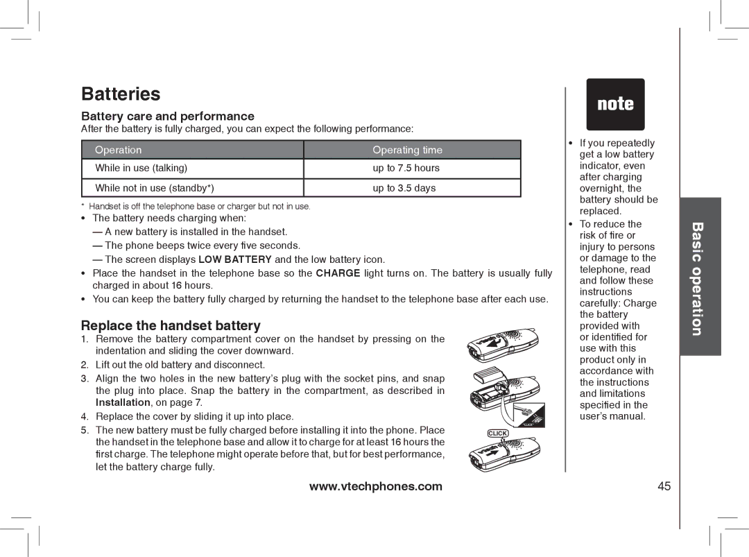 VTech MI6896, MI6866, mi6895, mi6870 manual Batteries, Replace the handset battery 