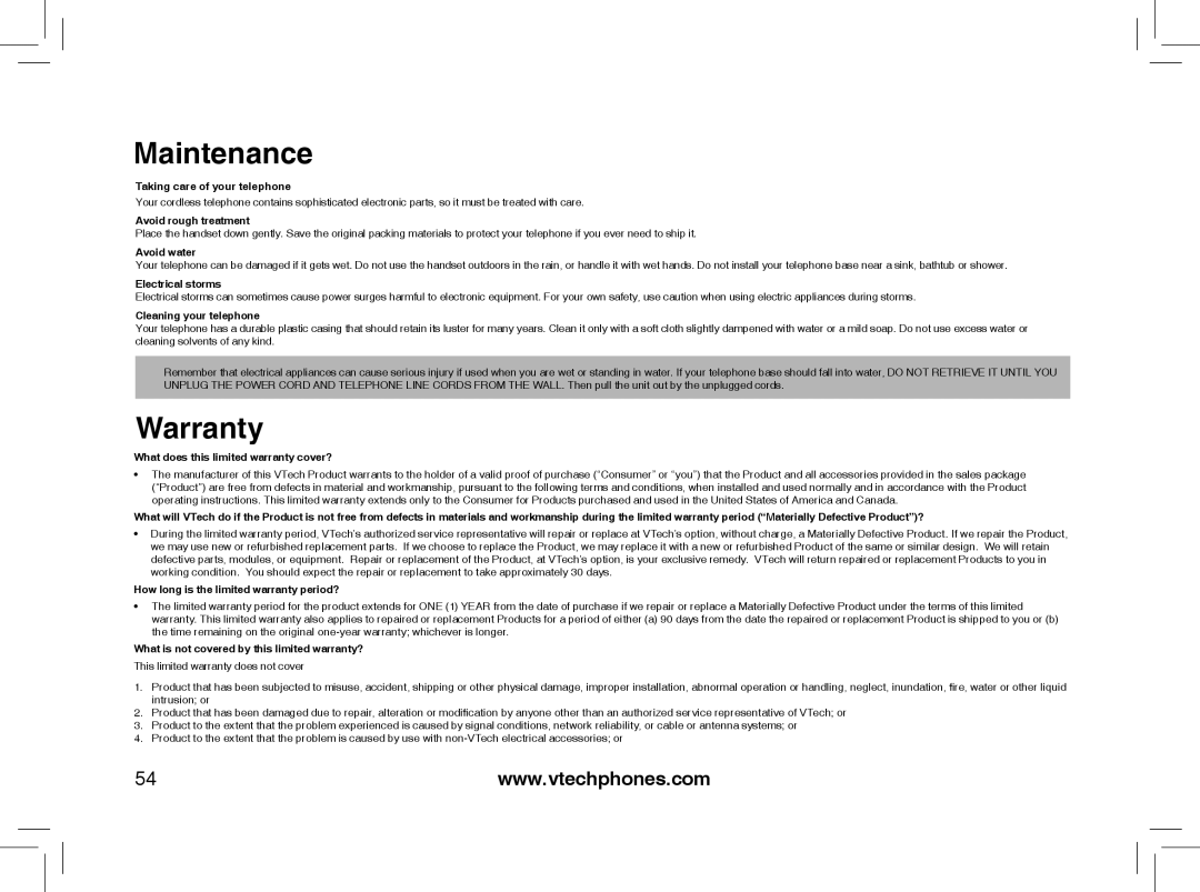 VTech mi6895, MI6866, MI6896, mi6870 manual Maintenance, Warranty 