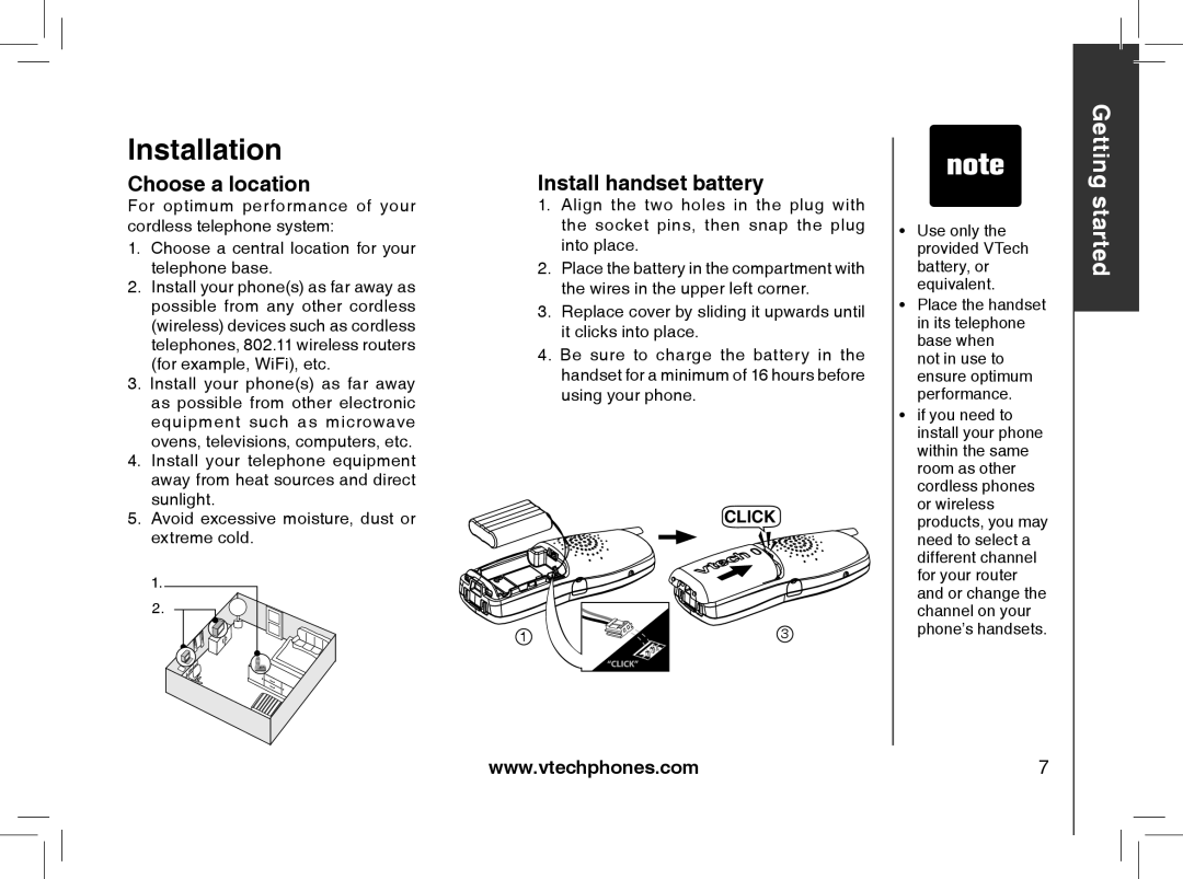 VTech mi6870, MI6866, MI6896, mi6895 manual Installation, Choose a location, Install handset battery 