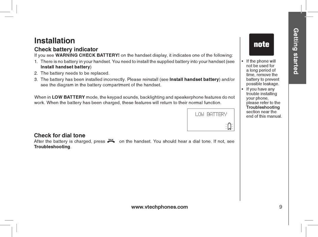 VTech MI6896, MI6866, mi6895, mi6870 manual Check battery indicator, Check for dial tone 