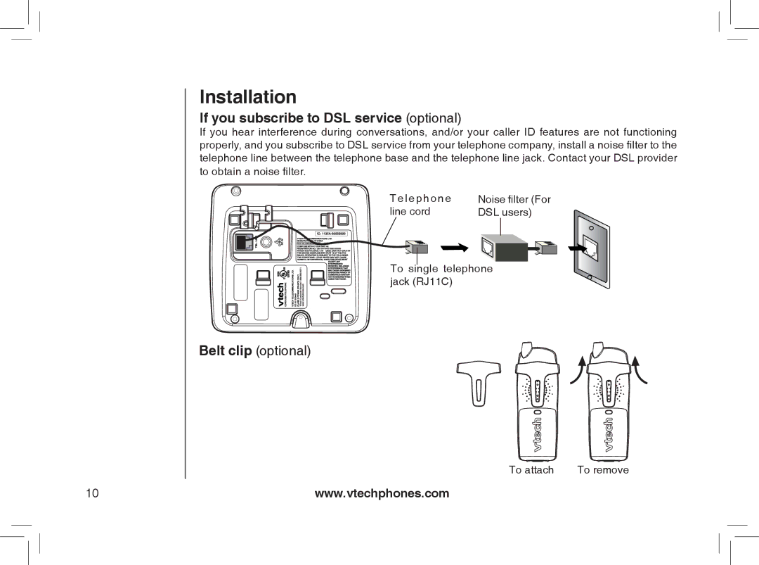 VTech mi6895, MI6866, MI6896, mi6870 manual If you subscribe to DSL service optional, Belt clip optional 