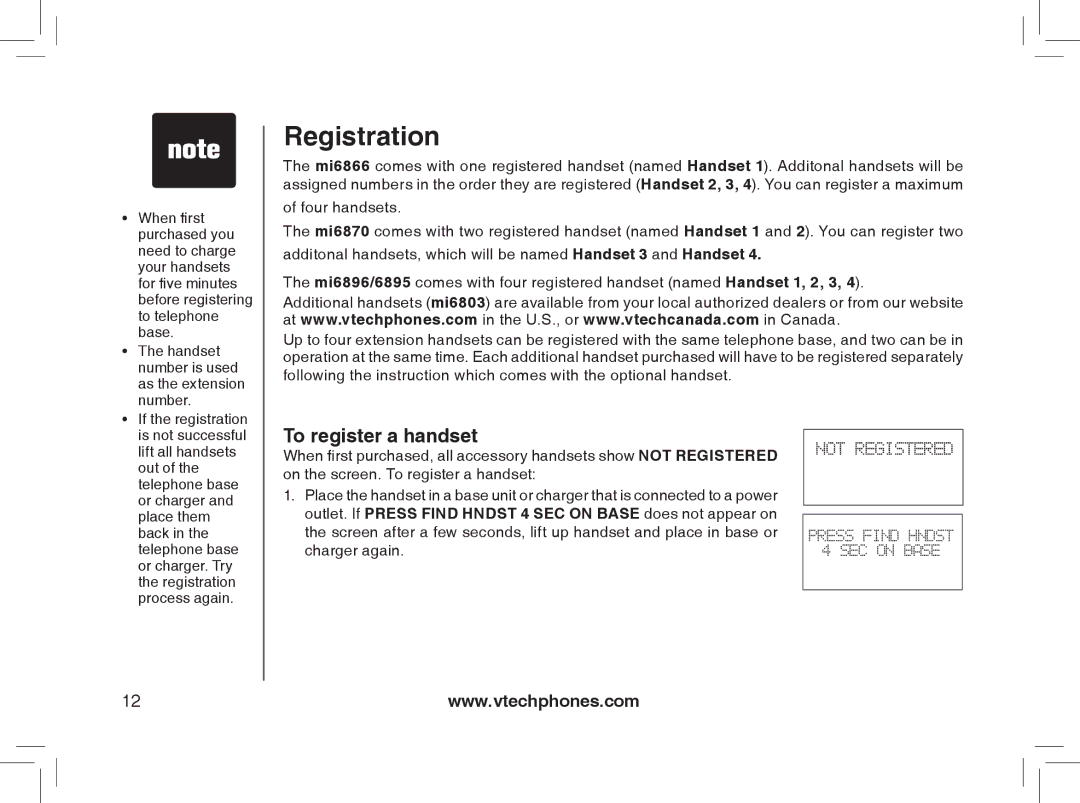 VTech MI6866, MI6896, mi6895, mi6870 manual Registration, To register a handset 