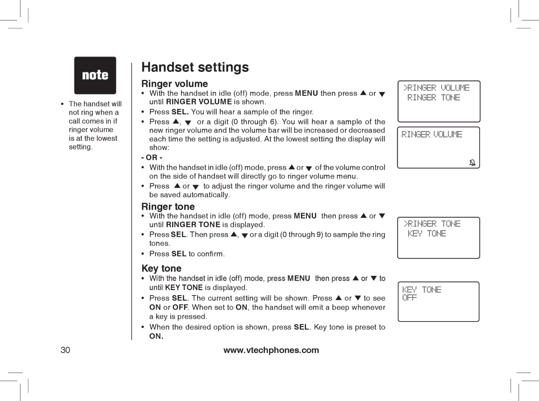 VTech mi6895, MI6866, MI6896, mi6870 manual Handset settings, Ringer volume, Ringer tone, Key tone 