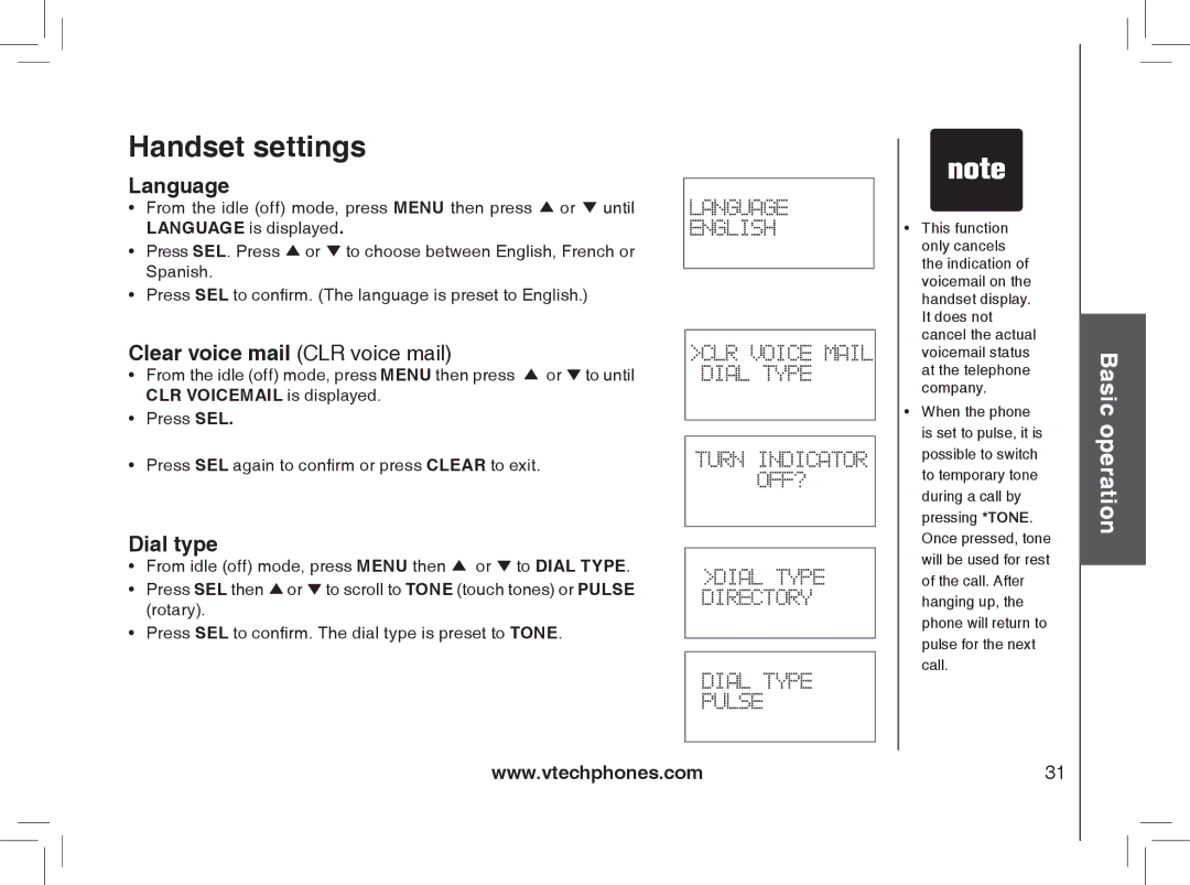 VTech mi6870, MI6866, MI6896, mi6895 manual Language, Clear voice mail CLR voice mail, Dial type 