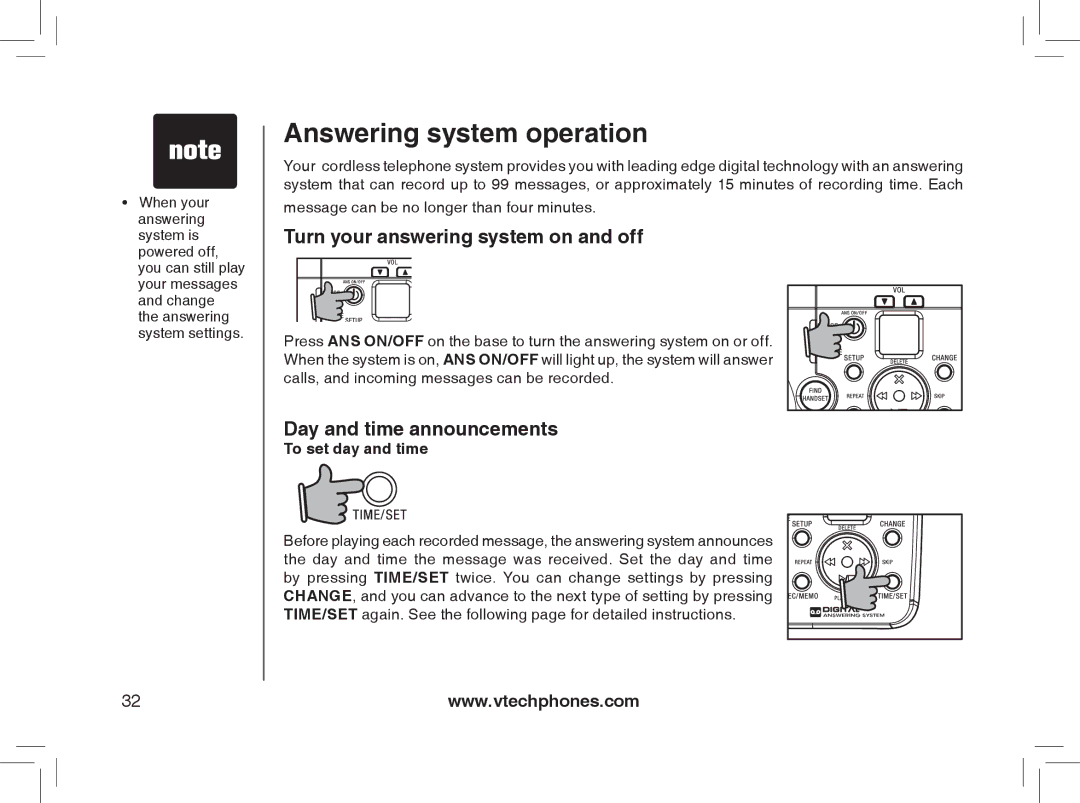 VTech MI6866, MI6896, mi6895 Answering system operation, Turn your answering system on and off, Day and time announcements 