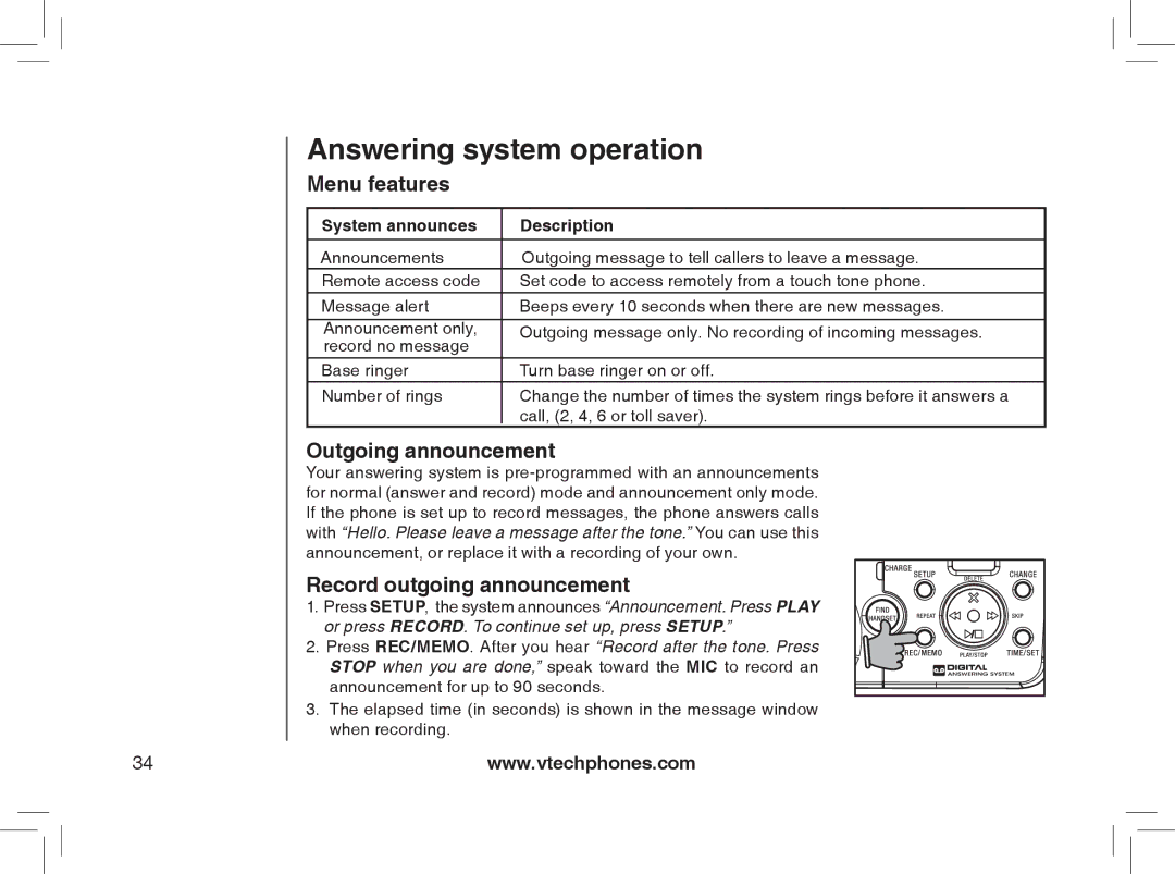 VTech mi6895, MI6866 manual Menu features, Outgoing announcement, Record outgoing announcement, System announces Description 