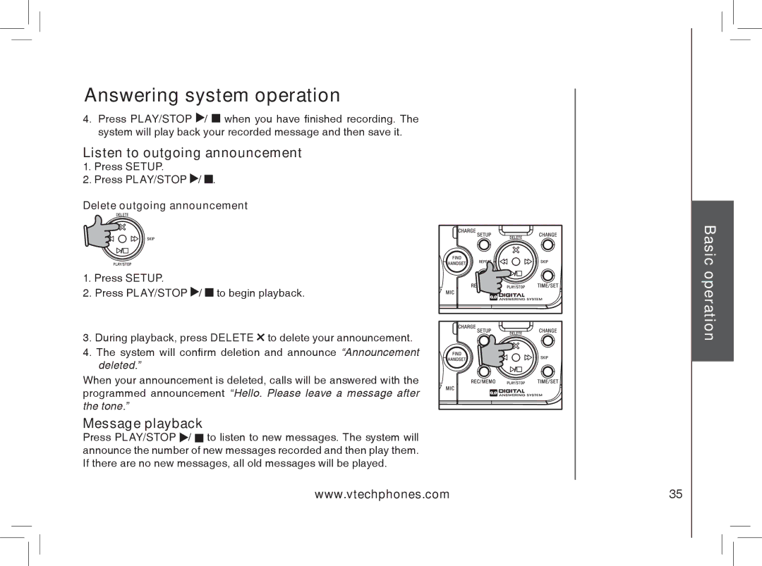 VTech mi6870, MI6866 manual Listen to outgoing announcement, Message playback, Press PLAY/STOP Delete outgoing announcement 