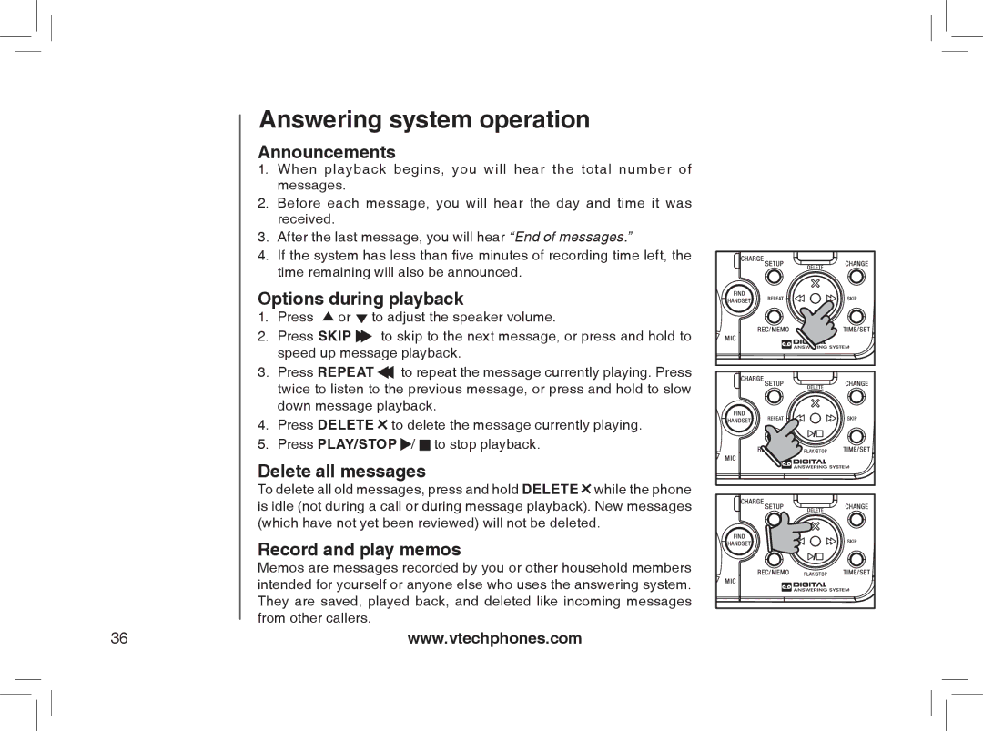 VTech MI6866, MI6896, mi6895, mi6870 manual Announcements, Options during playback, Delete all messages, Record and play memos 