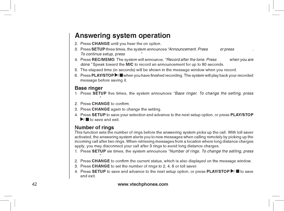 VTech mi6895, MI6866, MI6896, mi6870 manual Base ringer, Number of rings 