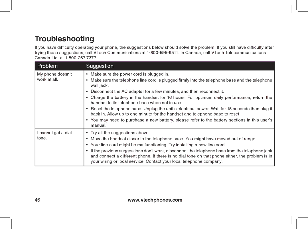 VTech mi6895, MI6866, MI6896, mi6870 manual Troubleshooting, Problem Suggestion 